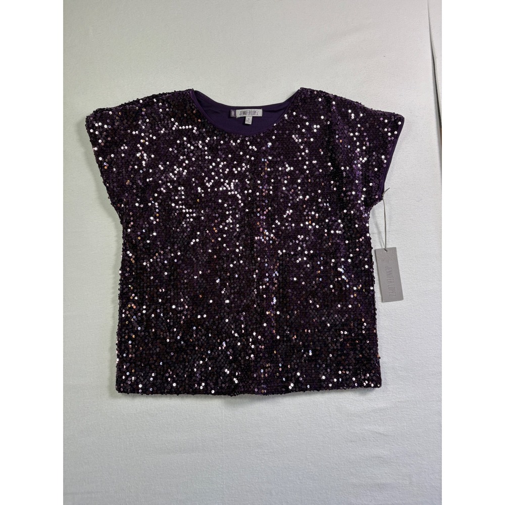 Jennifer Lopez Womens Purple Sequin Short Sleeve Blouse Crew Neck Top Size M NWT